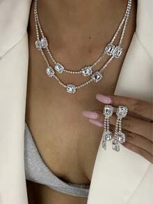 New Arrival Hot Selling Colorful Double-Layer Crystal Necklace & Earrings Set, Bridal Accessories, Party & Evening Fashion Rhinestone Jewelry Set