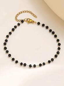 Elegant Women's Stainless Steel Necklace/Bracelet/Anklet With Black Round Beads & Golden-Tone Accents - Classic Minimalist Design, For Everyday Casual Or Formal Wear, Year-Round Jewelry Gift