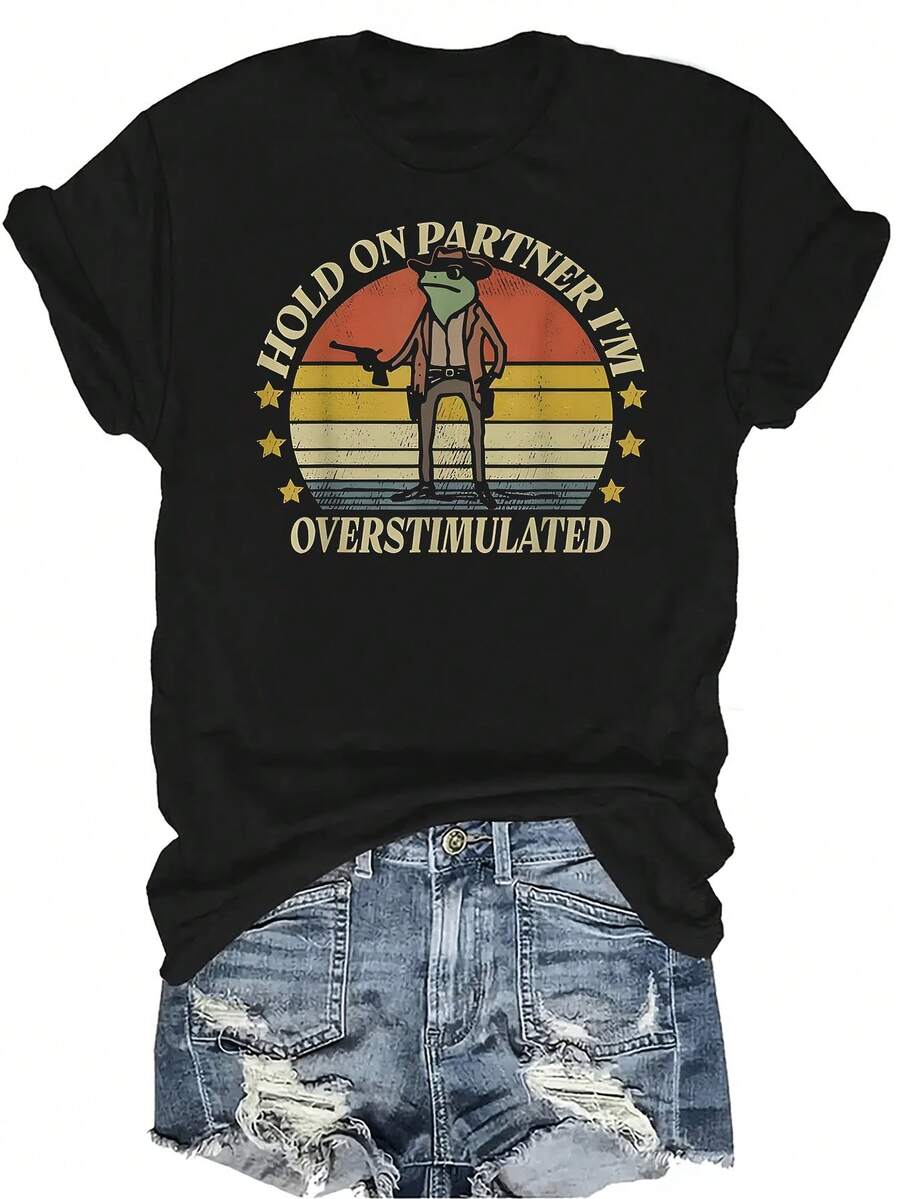 Espera compañero, estoy sobrestimulado Camiseta de rana vaquera para mujer Unisex Verano Casual Transpirable Personalidad Cuello redondo Manga corta Camiseta Ropa de calle Versátil, Adecuado para adolescentes y adultos - Negro - Ver 1