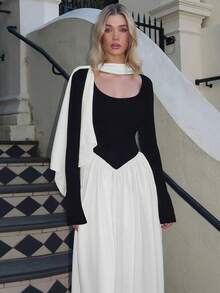 Vestido elegante y sexy de manga larga con cuello en V profundo, cintura con lazo y diseño calado de malla para mujer, Otoño/Invierno 2025