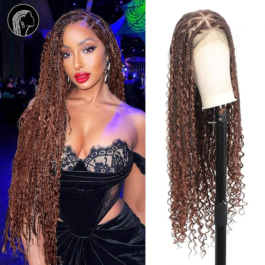 Full Lace Frontal Knotless Box Braid Wig With Baby Hair, Bohemian Curly, 36 Inch Synthetic Lace Frontal Box Braid Wig, For Daily Wear - Brown - View 1