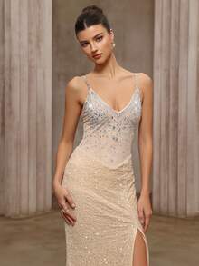 女士优雅奢华网眼透明水钻天鹅绒亮片开衩紧身派对晚礼服，适合夜间外出和特殊场合的时尚连衣裙 - 杏色 - 查看 7