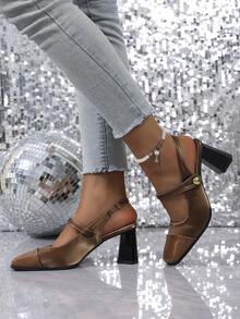 2025 春夏新款复古方头法式高跟凉鞋，时尚包头高跟鞋，性感优雅玛丽珍鞋，粗跟露背漆皮休闲/正式高跟鞋 - 淺棕 - 查看 5