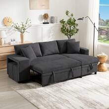 Klappsofa mit Schlaffunktion, L-förmiges umbaubares Ecksofa mit USB-Ladeanschluss und Kissen, 3-Sitzer-Umbausofa mit Seitenablagen und Stauraum