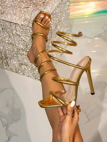 Fashionable Sexy Super High Heel Women's Sandals With Rhinestone Decoration, Snake-Shaped Rhinestone Sandals, Gold Super High Heel Square Toe Sandals For Party And Evening,Spring Summer Outfits - Gold - View 1