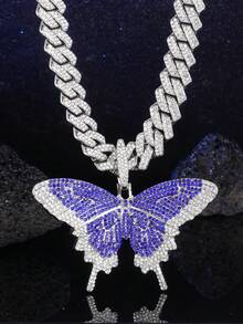Classic Fashion Butterfly Rhinestone Pendant Necklace On Cuban Chain, Suitable For Women's Party, Music Festival Wear, And As Holiday Gift For Friends