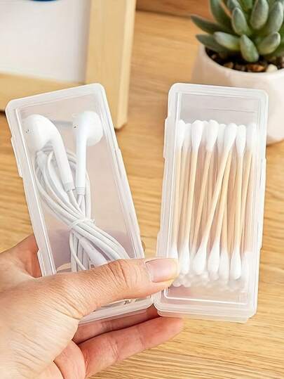 Modern Clear Plastic Storage Box With Lid - Multipurpose Storage Box For Headphones, Cotton Swabs, Jewelry And Small Items - Bathroom And Home Countertop Organizer, Headphone Storage Box, Minimalist Design, Practical Design, Office Worker, Sturdy Container, Travel Essentials