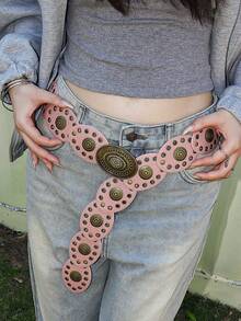 1 pieza Cinturón bohemio rosa, cinturón ovalado con remaches y malla de estilo punk vintage para mujeres que usan ropa occidental, un estilo alternativo para combinar con vaqueros, vestidos, adecuado para uso diario, fiestas, vacaciones, festivales de música