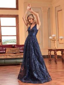 Đầm dạ hội dài đến sàn, không tay, ôm eo, cổ chữ V, không đính sequin và thêu họa tiết của BluePlum dành cho nữ, thanh lịch, trang trọng (đính kèm nhiều chi tiết) cho đám cưới mùa xuân. - Màu xanh hải quân - Xem 6