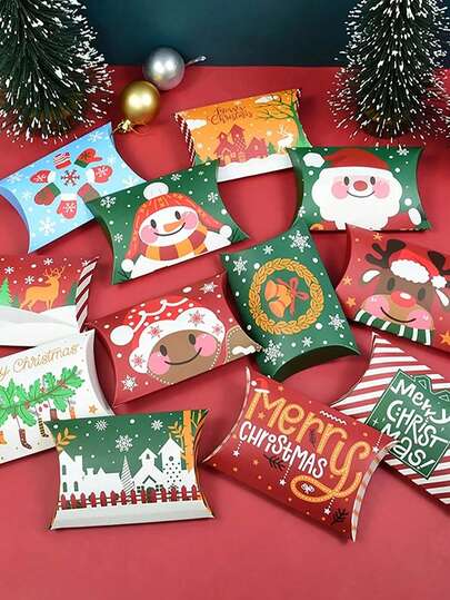 12 cajas de regalo de almohada navideñas con estampados de Papá Noel, muñeco de nieve y alce para dulces, regalos pequeños, recuerdos de fiesta navideña, relleno de calcetines, decoración de mesa, intercambio de Amigo Invisible, envoltura de regalos de oficina, bodas de invierno, cumpleaños y decoración del hogar