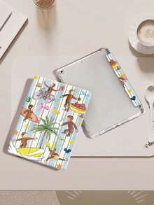 Blue And White Stripes And A Monkey IPad Case Compatible With IPad Air 4/5 10.9 Inch, IPad 7/8/9th 10.2 Inch, Built-In Pencil Slot Compatible With Samsung Tab S6 10.4 Inch, Tab A7 Lite 8.7 Inch, Ins Style Leather Case, Back To School, Valentine's Day, New Year Gift