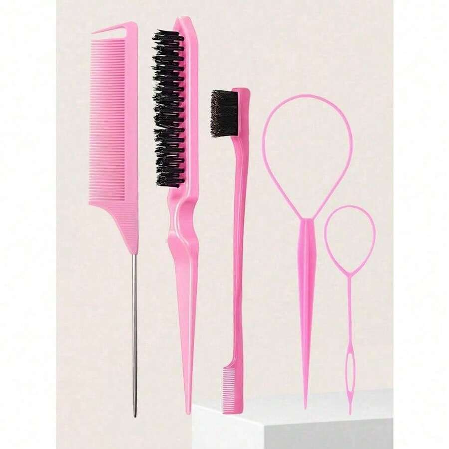 5Pcs Hair Styling Comb Set With Topsy Tail Tool, Teasing Bristle, Rat Comb For Women Women Hair Styling, Flyaways Control And Edge Combing - Pink - View 1
