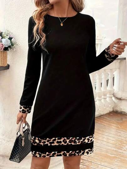 Vestido corto de buceo con cuello redondo, manga larga y estampado de rayas y leopardo para mujer, 20698