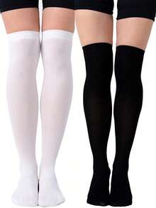 1-3 Pairs Women Solid Color Knee-High Socks, Comfortable, Casual, Minimalist & Fashionable For Daily Wear, Cozy - Black - View 12