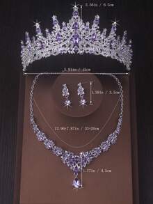 Luxury Purple Crown Pendant Necklace Earrings Bridal Jewelry Set For Women Wedding Dress Accessories