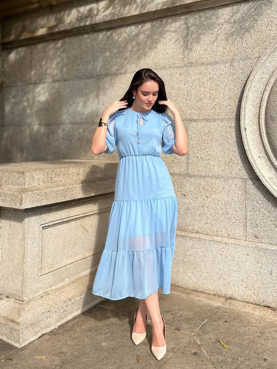 RIVERA. ELEGANT PLAIN MIDI DRESS WOMEN'S DRESS - Baby Blue - View 1