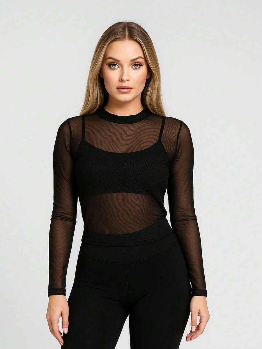 Women's Long Sleeve Tulle Blouse With High Neck Transparent Elegant - Casual Fashion And Fashion Simple Transparent None Holiday Evening All Seasons - 黑色 - 查看 1