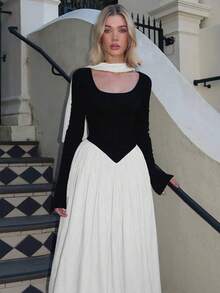 Vestido elegante y sexy de manga larga con cuello en V profundo, cintura con lazo y diseño calado de malla para mujer, Otoño/Invierno 2025