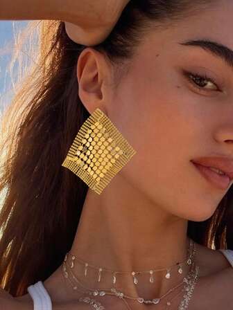 1 par örhängen i bohemisk stil med metallnät, rombformade med metallnätelement, lämpliga för kvinnor, högtid, dejt, födelsedagspresent, vardag, fest, fritidskläder