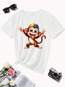 Camiseta Gráfica De Mono Divertido Para Mujeres - Lindo Camiseta De Verano Con Diseño De Mono De Dibujos Animados, Algodón Ligero Y Transpirable, Perfecto Para Uso Casual, Vacaciones Y Especiales. - Blanco - Ver 4