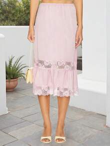 Women's Y2k Flower Embroidery Lace Slip Midi Skirt Fashionable Casual Solid Color Elastic Waist Low Rise A Line Maxi Skirt Ruffle Hem Flowy Long Skirt Pajamas Skirts Loungewear - 粉色 - 查看 2