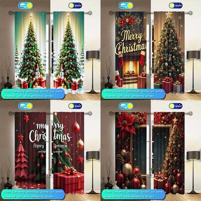 两片装圣诞树图案半透明窗帘，现代四季通用设计，100% 涤纶，透光，杆袋式设计，易于悬挂，适用于厨房、洗衣房、卧室、书房、客厅等场所，是圣诞装饰的理想之选。