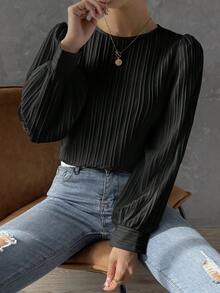 White Tops Fall Clothes For Women Textured Stripe Round Neck Bishop Long Sleeve Blouses