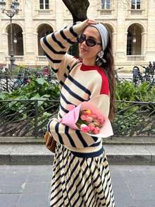 Damen gestreifter Kontrast-Farbe Lässig Pullover, warm und bequem für Pendeln und Straßenmode im Frühling/Herbst