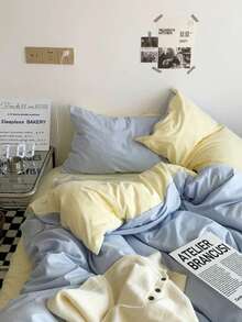 3件套100%纯棉双色床上用品套件 浅蓝+浅黄 北欧极简INS风 2个枕套+1个被套（不含床单） - 彩色 - 查看 5