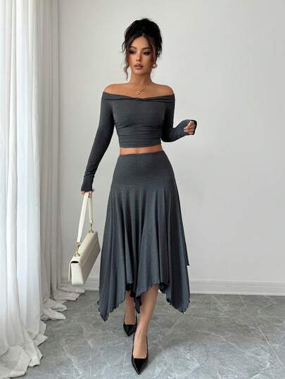 Damen Off-Shoulder Geraffter Langarm Top und asymmetrischer Saum Rock Set - Elegantes einfarbiges Slim Fit Outfit für Party, Halloween, Herbst Winter