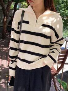 1pc Girls & Teens' Casual Striped Crew Neck Warm Thick Knit Sweater, Suitable For Autumn/Winter - White - View 4