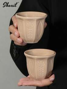 shoxil 1pc Saudi Coffee Cup, Ceramic Cup, Coffee Cup, Teacup, Matcha Cup, Water Cup, Embossed Tulip Ceramic Cup, Middle Eastern Style Coffee Cup, Handmade Hook Flower Coaster, For Home, Coffee Shop, Courtyard, Saudi National Day