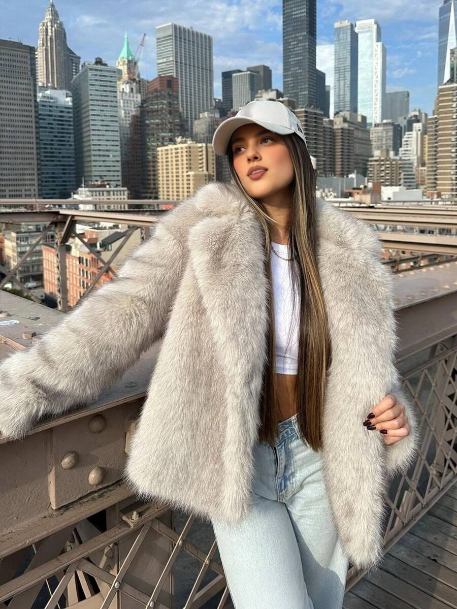 SHIBASHAN Winter Women Fashion Lapel Faux Fur Jackets With Pockets Elegant Long Sleeve Warm Fluffy Coat - Grey - View 1