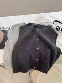 Cárdigan sin mangas tejido elegante de estilo coreano para mujer, blusa casual y moderna, fácil de combinar para un look de calle - Gris - Ver 5