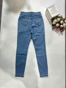 Calça jeans skinny feminina de cintura alta - adornada com miçangas, modelagem versátil para um look casual de primavera. - Azul - Ver 4