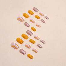 Press On Nails: Short Square Glitter Glossy Glue On False Nails With Yellow Swirl Design - 24pcs Reusable Acrylic Nails For Women's Manicure - 黃色 - 查看 4