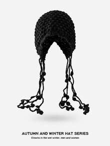 1pc Handmade Hollow-Out Wool Beanie Hat, Women Tasseled Ear Warmer Knitted Cap, Suitable For Christmas And Daily Wear, Autumn/Winter - Multicolor - View 9