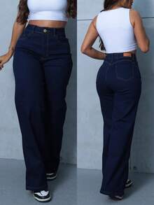 Women's Wide Leg Jeans, High Waist, High Waist, Enhances Butt Size 36 To 46 - 藏蓝色 - 查看 1