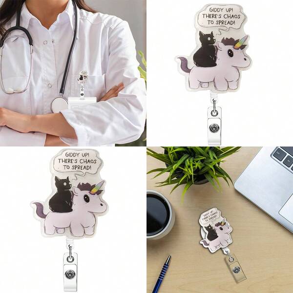 A Fun Unicorn Cute Animal Humorous Badge Scroll, ID Card Clip, Extendable Badge Scroll Holder, Acrylic Material, Badge Accessory DIY, Suitable For Nurses, Medical Workers, Nursing Students, Teachers