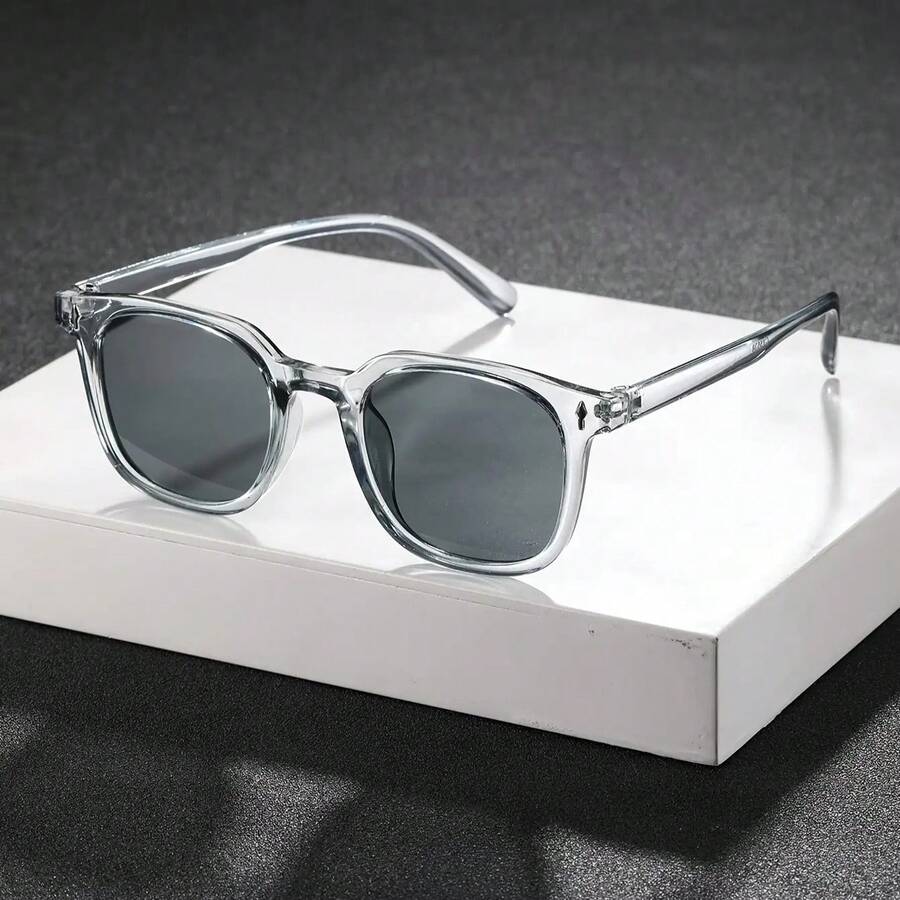 1 Piece  Fashion Y2K Rectangular Men's Glasses, Suitable For Daily Casual And Activities - 透明灰框灰鏡片 - 查看 1