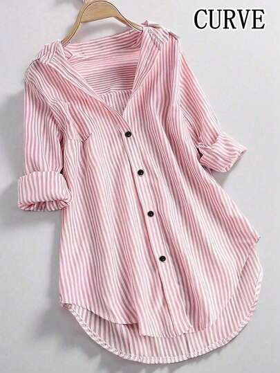 Camisa de mujer talla grande de manga larga con cuello de solapa y botones, ropa de otoño con rayas