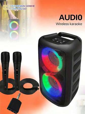 2 Subwoofer Wireless Speaker, Large Boombox Speaker, Stereo Speaker, Outdoor Wireless Speaker, Party Disco Light Outdoor Speaker With Colorful LED Lights, Christmas Gift, Support TF, AUX, MIC And 2 Wired Microphones