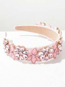 1pc Fashion Solid Color Fabric Headband, Retro Baroque Shiny Gemstone Flower Decor Headpiece, Suitable For Parties, Street Style Wear Hairband Beauty Home Hair Accessories - Pink - View 4