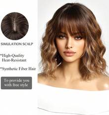 OUFEI Brown Wigs Women Short Wavy Wig With Bangs Natural Synthetic Hair Heat Resistant Wigs Daily Party Cosplay Wear