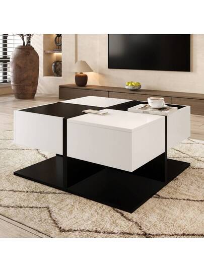 Moderne Coffee Tafel Zwart Wit 70*70*35.5 Drawers, Square Living Room Storage Space, High Gloss Zachte Drawer Rails view 7