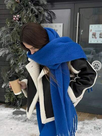 1pc Solid Color Scarf, Winter Warm Neck, Thickened Wool Knitted Thick Fringed Shawl, Winter Scarf