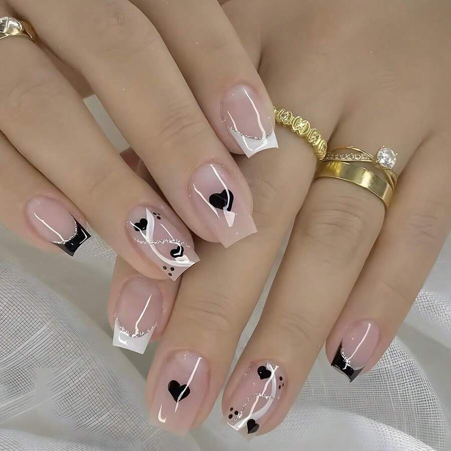 Short Press On Nails Square Fake Nails French Tip False Nails Cute Acrylic Nails With Design Black Heart Glue On Nails Glitter Glossy Full Cover Stick On Nails For Women Manicure 24Pcs - 黑色法國 - 查看 1