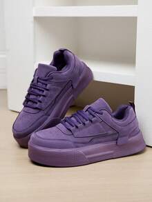 Giày trượt patin buộc dây phía trước màu tím trơn tối giản dành cho nữ, mũi tròn đế xuồng, giày thể thao thường ngày thoải mái - Màu tím - Xem 6