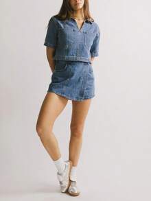 Women's Summer Denim Outfits Short Sleeve V-Neck Crop Tops + Skorts Set Party Clothes - 藍色 - 查看 9