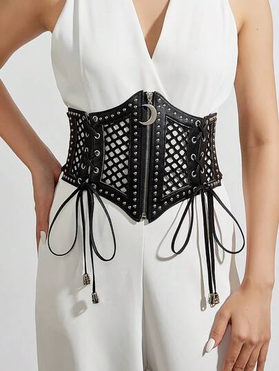 1pc Women's Vintage Hollow Moon Lace Elastic Waist Belt, Versatile Halloween Costume